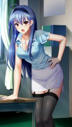 1girl ahoge black_thighhighs blue_hair blue_hairband blue_shirt breasts brown_eyes cleavage collarbone doukyuusei_(series) doukyuusei_another_world dress_shirt game_cg garter_straps hair_between_eyes hair_intakes hairband hand_on_own_hip indoors jewelry kakyuusei_(series) kakyuusei_2 layered_skirt leaning_to_the_side long_hair medium_breasts miniskirt official_art open_mouth pencil_skirt pendant pink_shirt shirt short_sleeves side_slit skirt solo takatoo_nanase teacher thighhighs very_long_hair white_skirt zettai_ryouiki