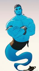 Rule 34 | 1boy, armlet, bara, beard, blue skin, brown hair, bulge, colored skin, crossed arms, earrings, eyebrow cut, facial hair, full body, genie, highres, jewelry, lamp, large pectorals, male focus, mature male, muscular, muscular male, navel, nipples, original, pectorals, pout, short hair, sideburns, solo, stomach, thick eyebrows, topless male, undercut, xian miao