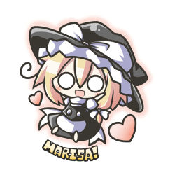 Rule 34 | 1girl, aoblue, arms behind back, blonde hair, bow, chibi, english text, female focus, hat, hat ribbon, heart, kirisame marisa, long hair, lowres, o o, ribbon, simple background, solo, text focus, touhou, witch, witch hat, yellow eyes