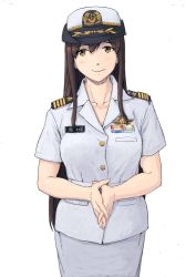 Rule 34 | 1girl, akagi (kancolle), alternate costume, brown eyes, brown hair, closed mouth, collarbone, commentary, cowboy shot, epaulettes, hair between eyes, hat, jacket, kantai collection, long hair, looking at viewer, medal, military, military hat, military jacket, military uniform, name tag, naval uniform, own hands together, sidelocks, simple background, smile, solo, standing, straight hair, uniform, vent arbre, white background