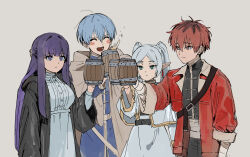 Rule 34 | 2boys, 2girls, ^ ^, black robe, blue hair, blush, brown cloak, capelet, cloak, closed eyes, commentary request, cup, dohyo123123, dress, elf, expressionless, fern (sousou no frieren), frieren, grey hair, half updo, highres, himmel (sousou no frieren), holding, holding cup, jacket, looking ahead, multicolored hair, multiple boys, multiple girls, odd one out, pointy ears, purple hair, red hair, red jacket, revision, robe, roots (hair), simple background, smile, sousou no frieren, stark (sousou no frieren), time paradox, toasting (gesture), twintails, upper body, white capelet, white dress, wooden cup