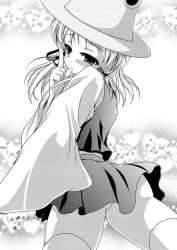 Rule 34 | 1girl, ass, blush, dress, female focus, finger in own mouth, from behind, greyscale, hat, looking back, monochrome, moriya suwako, no panties, solo, takamu, thighhighs, touhou, upskirt, white thighhighs