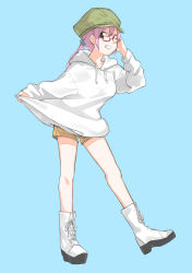 Rule 34 | 1girl, blue background, boots, clothes lift, copyright request, full body, glasses, green hat, grin, hand up, hat, highres, hood, hood down, hoodie, hoodie lift, lifted by self, long hair, long sleeves, looking at viewer, muchi maro, pink hair, ponytail, red-framed eyewear, red eyes, short shorts, shorts, simple background, smile, solo, standing, white footwear, white hoodie