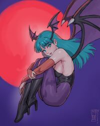 Rule 34 | 1girl, absurdres, darkstalkers, full body, full moon, green eyes, green hair, head wings, highres, leotard, moon, morrigan aensland, red moon, solo, strapless, strapless leotard, watcher hollow, wings