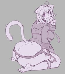 Rule 34 | 1girl, ahoge, animal ear fluff, animal ears, ass, blush, breasts, butt crack, cat ears, cat girl, cat tail, crossed bangs, from side, grey background, hair between eyes, highres, hololive, huge ass, kittenboogers, long sleeves, looking at viewer, nekomata okayu, nekomata okayu (1st costume), purple eyes, purple hair, short hair, shorts, simple background, skindentation, smile, solo, tail, thighs, virtual youtuber, white shorts, wide sleeves, wrist cuffs