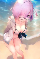 Rule 34 | 1girl, arms behind back, bare legs, barefoot, beach, bikini, black-framed eyewear, breasts, cleavage, collarbone, fate/grand order, fate (series), footprints, front-tie bikini top, front-tie top, glasses, hair over one eye, hood, hooded jacket, hoodie, jacket, leaning forward, looking at viewer, mash kyrielight, mash kyrielight (swimsuit of perpetual summer), navel, official alternate costume, open clothes, open hoodie, open jacket, outdoors, pink eyes, pink hair, sekisei, short hair, solo, swimsuit, wet, wet hair, white bikini