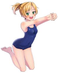 Rule 34 | 10s, 1girl, :d, barefoot, blonde hair, full body, green eyes, kantai collection, maikaze (kancolle), one-piece swimsuit, open mouth, ponytail, school swimsuit, short hair, simple background, smile, solo, stretching, swimsuit, tks (526tks)