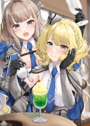 Rule 34 | 2girls, absurdres, ahoge, black gloves, blonde hair, blue eyes, blue necktie, braid, breasts, center frills, closed mouth, collared shirt, colorado (kancolle), cream soda, cup, drink, eating, elbow gloves, french braid, frills, garrison cap, gloves, grey headwear, hat, highres, holding, holding cup, holding spoon, kantai collection, large breasts, long hair, maryland (kancolle), multiple girls, necktie, open mouth, shiomugi (shio mugi1107), shirt, short hair, sleeveless, sleeveless shirt, smile, spoon, white shirt