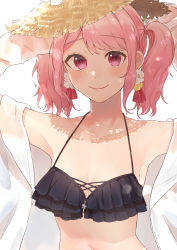 Rule 34 | 1girl, absurdres, armpits, arms behind head, arms up, bang dream!, bare shoulders, bikini, black bikini, blush, breasts, cleavage, closed mouth, collarbone, commentary request, earrings, flower earrings, frilled bikini, frills, halterneck, hamatsuka nao, hat, highres, jewelry, light particles, long sleeves, looking at viewer, maruyama aya, medium breasts, medium hair, navel, off shoulder, open clothes, open shirt, pink eyes, pink hair, see-through, shade, shirt, simple background, smile, solo, stomach, straw hat, sun hat, swimsuit, twintails, upper body, white background, white shirt