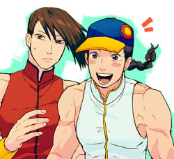 Rule 34 | 2boys, bad id, bad pixiv id, bare shoulders, baseball cap, black hair, blush, braid, brothers, brown hair, chinese clothes, hat, long hair, male focus, multiple boys, muscular, open mouth, siblings, street fighter, ^^^, sweatdrop, t k g, yang lee, yun lee