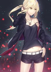 Rule 34 | 1girl, artoria pendragon (all), artoria pendragon (fate), belt, black ribbon, black shorts, blonde hair, camisole, cowboy shot, fate (series), hair between eyes, hair ribbon, hand in own hair, hand on own hip, hand up, hip focus, hood, hoodie, jewelry, light smile, long hair, looking to the side, matsuharu (lip-mil), midriff peek, navel, necklace, official alternate costume, open clothes, open hoodie, parted lips, ponytail, ribbon, saber (fate), saber alter, saber alter (ver. shinjuku 1999) (fate), short shorts, shorts, sidelocks, smile, solo, strap slip, thighs, yellow eyes