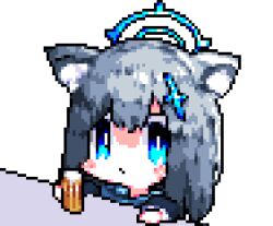 Rule 34 | 1boy, 1girl, alcohol, animal ears, animated, animated gif, beer, beer mug, black hair, blue archive, blue eyes, blue halo, blush, bright pupils, chibi, closed eyes, closed mouth, cross hair ornament, cup, doodle sensei (blue archive), downvote (downvote me), grey hair, hair ornament, halo, jacket, long hair, long sleeves, looking at viewer, mug, no nose, pixel art, scene reference, sensei (blue archive), shiroko (blue archive), the town with no name, upper body, white pupils