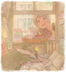 Rule 34 | 1boy, animal, apron, arm up, bad id, bad pixiv id, basket, blonde hair, blue eyes, book, bow, bowtie, bug, butterfly, butterfly on nose, cat, cup, desk, flower, glasses, happy, insect, male focus, open book, open mouth, original, paper, pitcher (container), pon (cielo), quill, ribbon, shelf, short hair, sitting, solo, tea, window, writing