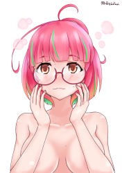 Rule 34 | 1girl, ahoge, areola slip, blush, bob cut, breasts, brown eyes, closed mouth, collarbone, convenient arm, convenient censoring, glasses, green hair, highres, kantai collection, large breasts, multicolored hair, nose blush, nude, pink-framed eyewear, pink hair, ponytail, shirokuni ochiho, short hair, simple background, solo, streaked hair, ume (kancolle), upper body, wavy mouth, white background