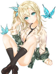 Rule 34 | 1girl, black necktie, black socks, blonde hair, blue eyes, blush, boku wa tomodachi ga sukunai, breasts, bug, butterfly, butterfly hair ornament, closed mouth, collarbone, hair ornament, highres, insect, kashiwazaki sena, kneehighs, large breasts, long hair, looking at viewer, necktie, sahara386, side ponytail, sitting, socks, solo, unbuttoned, unbuttoned shirt, uniform