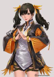 Rule 34 | 1girl, artist name, bracelet, brown eyes, brown hair, chinese clothes, closed mouth, grey background, hair ornament, hanfu, highres, jewelry, ling xiaoyu, lips, lipstick, long hair, long sleeves, looking at viewer, makeup, omeno (digitalome), simple background, smile, solo, tekken, tekken 8, twintails, upper body
