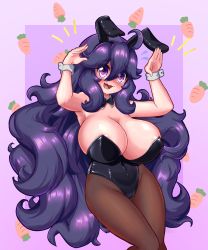 Rule 34 | 1girl, ahoge, alternate breast size, animal ears, armpits, blush, border, breasts, brown pantyhose, cleavage, collar, cowboy shot, creatures (company), curvy, fake animal ears, game freak, hair between eyes, hex maniac (pokemon), highres, huge breasts, leotard, long hair, looking at viewer, mud (artist), nintendo, open mouth, pantyhose, playboy bunny, pokemon, pokemon xy, purple background, purple eyes, purple hair, rabbit ears, simple background, smile, solo, wavy mouth, wrist cuffs