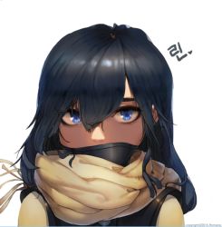 Rule 34 | 1girl, 2015, artist name, bad id, bad pixiv id, black hair, blue eyes, commission, covered mouth, hair between eyes, heart, korean text, long hair, looking at viewer, mask, mouth mask, original, portrait, romana, scarf, solo, translated, upper body, yellow scarf