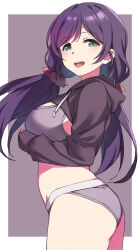 Rule 34 | 1girl, :d, ass, bra, breasts, duke (inu daimyou), from side, green eyes, grey background, grey bra, grey panties, hair ornament, hair scrunchie, large breasts, looking at viewer, love live!, love live! school idol project, low twintails, open mouth, panties, purple hair, red scrunchie, scrunchie, sideboob, smile, solo, tojo nozomi, twintails, two-tone background, underwear, wedgie, white background