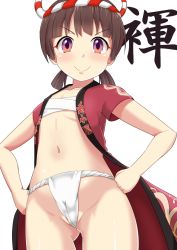 Rule 34 | 1girl, blush, breasts, brown eyes, brown hair, budget sarashi, cameltoe, closed mouth, collarbone, eyebrows, fundoshi, groin, guchiaki, hands on own hips, haori, headwear request, japanese clothes, looking at viewer, looking down, maiko chimari, navel, open clothes, pastel memories, sarashi, short twintails, simple background, small breasts, smile, solo, twintails, underwear, v-shaped eyebrows, white background