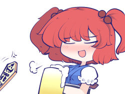 Rule 34 | 1girl, alcohol, beer, beer mug, blue shirt, blush, chahan (fried rice0614), closed eyes, commentary request, cup, mug, onozuka komachi, open mouth, red hair, rod of remorse, shirt, touhou, white background, white sleeves