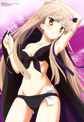 Rule 34 | 10s, 1girl, absurdres, arm behind head, arm up, armpits, bikini, black bikini, black cape, blunt bangs, blush, breasts, brown hair, cape, cleavage, closed mouth, cowboy shot, front-tie bikini top, front-tie top, grey hair, groin, hair ribbon, hand up, head tilt, highres, hip focus, light smile, long hair, looking at viewer, magazine scan, medium breasts, megami magazine, navel, non-web source, object in clothes, object in swimsuit, official art, purple background, purple ribbon, rewrite, ribbon, satou tenshou, scan, senri akane, shikigami, sidelocks, skindentation, smile, solo, standing, strap slip, swimsuit, very long hair, yellow eyes
