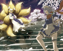 Rule 34 | 2girls, blonde hair, braid, cherry blossoms, female focus, floating, flying paper, fox tail, hands in opposite sleeves, hat, izayoi sakuya, knife, maid, maid headdress, multiple girls, multiple tails, paper, perfect cherry blossom, petals, scarf, silver hair, stairs, sun-3, tail, thigh strap, throwing knife, touhou, twin braids, weapon, yakumo ran