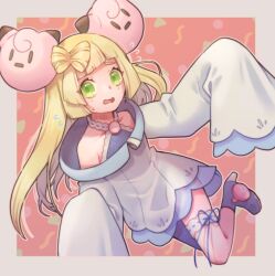 Rule 34 | 1girl, blonde hair, blunt bangs, blush, bridal garter, clefairy, collarbone, commentary request, cosplay, creatures (company), eyelashes, flying sweatdrops, game freak, gen 1 pokemon, green eyes, grey footwear, grey shirt, high heels, iono (pokemon), iono (pokemon) (cosplay), jacket, lillie (pokemon), long hair, looking at viewer, nintendo, open mouth, outline, pokemon, pokemon sm, pokemon sv, s (happycolor 329), shirt, sleeveless, sleeveless shirt, sleeves past fingers, sleeves past wrists, solo, tongue, twitter username, watermark, white jacket