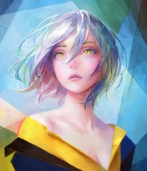 Rule 34 | 1girl, abstract, collarbone, eyebrows, female focus, highres, lips, looking ahead, nababa, original, parted lips, portrait, shiny skin, short hair, silver hair, solo, teeth, upper body, yellow eyes