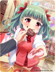 Rule 34 | 1girl, ahoge, alternate costume, alternate hairstyle, battle girl high school, blush, chair, chocolate, commentary request, feeding, food, food on face, green hair, incoming food, medium hair, official art, plate, pov, pov hands, red ribbon, ribbon, sadone, solo focus, sparkle, table, valentine
