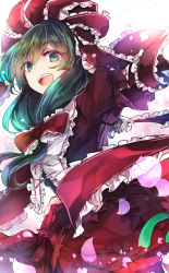 Rule 34 | 1girl, arm up, commentary request, cowboy shot, dress, frilled ribbon, frilled shirt collar, frills, front ponytail, green eyes, green hair, hair between eyes, highres, kagiyama hina, kutsuki kai, long hair, looking at viewer, open mouth, petals, puffy short sleeves, puffy sleeves, red dress, red ribbon, ribbon, short sleeves, simple background, smile, solo, touhou, white background