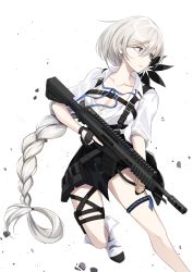 Rule 34 | 1girl, apc556, apc556 (girls&#039; frontline), assault rifle, black gloves, black skirt, blue eyes, blue ribbon, boots, braid, braided ponytail, breasts, carbine, cleavage, collarbone, commission, feet out of frame, fingerless gloves, flower, girls&#039; frontline, gloves, gun, hair flower, hair ornament, hakugin006, harness, highres, holding, holding gun, holding weapon, long hair, looking away, medium breasts, neck ribbon, open clothes, open mouth, open shirt, parted lips, pixiv commission, ribbon, rifle, shirt, short sleeves, skirt, solo, standing, vertical forward grip, very long hair, weapon, white background, white footwear, white hair, white shirt