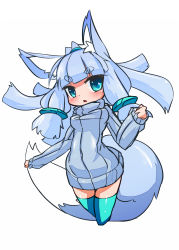 Rule 34 | 1girl, animal ears, aqua thighhighs, arched back, blue hair, blunt bangs, blush, chestnut mouth, eyebrows, fox ears, fox girl, fox tail, highres, kedamaton, kogetsu tooka, looking at viewer, original, ribbed sweater, simple background, solo, sweater, tail, thick eyebrows, thighhighs, v-shaped eyebrows, white background