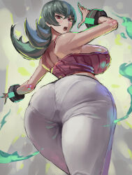 Rule 34 | 1girl, ass, ass focus, bare shoulders, breasts, creatures (company), from behind, from below, game freak, green hair, huge ass, kazo (kazozakazo), large breasts, looking at viewer, looking back, looking down, medium hair, nintendo, open mouth, pants, pantylines, pokemon, pokemon hgss, purple eyes, sabrina (pokemon), sideboob, solo, strapless, tight clothes, tight pants, tube top