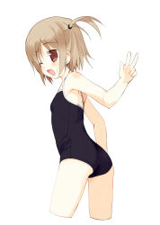 Rule 34 | 1girl, ;d, ass, blush, brown eyes, brown hair, child, competition school swimsuit, cropped legs, fang, happy, leotard, looking back, meito (maze), one-piece swimsuit, one eye closed, open mouth, original, school swimsuit, short hair, side ponytail, smile, solo, swimsuit, v, wink