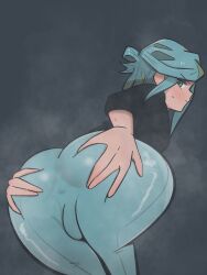 Rule 34 | 1boy, absurdres, androgynous, anus visible through clothes, artist request, ass, ass focus, ass grab, black shirt, blue eyes, blue hair, blue pants, blue scarf, blush, breath, bulge, creatures (company), embarrassed, foreshortening, from behind, game freak, grabbing own ass, grusha (pokemon), highres, huge ass, lips, long hair, looking at viewer, looking back, matching hair/eyes, nintendo, pants, pokemon, pokemon sv, scarf, shiny clothes, shirt, simple background, skin tight, solo, spread ass, steaming body, sweat, trap, wide hips