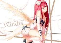 Rule 34 | 1girl, angel wings, ass, bare shoulders, blush, bow, breasts, brown eyes, character name, deathsmiles, elbow gloves, ere (2516325), gloves, hair bow, hair ribbon, high heels, long hair, red hair, ribbon, small breasts, solo, thighs, windia (deathsmiles), wings