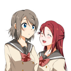 Rule 34 | 2girls, :d, absurdres, blue eyes, blush, bow, bowtie, braid, closed eyes, collarbone, french braid, grey hair, grey sailor collar, hair between eyes, hair ornament, hairclip, highres, long hair, love live!, love live! sunshine!!, multiple girls, open mouth, parted lips, red bow, red hair, red neckwear, sailor collar, sakurauchi riko, school uniform, short hair, simple background, smile, upper body, uranohoshi school uniform, watanabe you, white background, yuchi (salmon-1000)