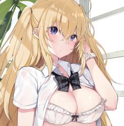 Rule 34 | 1girl, ahoge, black bow, black bowtie, blonde hair, blurry, blurry background, blush, bow, bow bra, bowtie, bra, breasts, cleavage, closed mouth, collared shirt, commentary request, copyright request, depth of field, hair between eyes, hand up, large breasts, long hair, looking at viewer, mole, mole on breast, mole under eye, oniku (oishii oniku), plant, potted plant, purple eyes, shirt, solo, sweat, two side up, underwear, watch, white bra, white shirt, window, wing collar, wristwatch