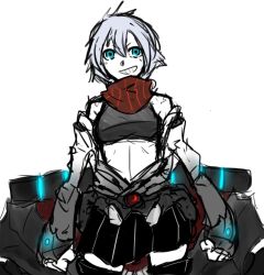 Rule 34 | 10s, 1girl, abyssal ship, belt, boots, breasts, colored skin, female focus, green eyes, kantai collection, light persona, looking at viewer, navel, off shoulder, open clothes, plaid, plaid skirt, re-class battleship, scarf, shishitou (tougarashikarai), short hair, simple background, skirt, smirk, solo, tank top, thigh boots, thighhighs, white hair, white skin