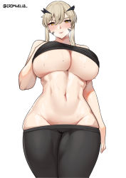 Rule 34 | 1girl, artist name, artoria pendragon (fate), artoria pendragon (lancer alter) (fate), blonde hair, braid, breasts, cleavage, closed mouth, cromwellb, fate/grand order, fate (series), french braid, hair between eyes, highres, looking at viewer, simple background, smile, solo, stomach, sweat, underboob, undressing, white background, yellow eyes