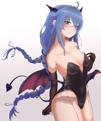 Rule 34 | 1girl, absurdres, ahoge, armpits, black leotard, black ribbon, blue eyes, blue hair, blush, braid, breasts, brown dust 2, brown gloves, cleavage, demon girl, demon tail, elbow gloves, eyebrows hidden by hair, feet out of frame, gloves, hair between eyes, hair ribbon, hand on own chest, head wings, heart, heart tail, highleg, highleg leotard, highres, leotard, long hair, looking at viewer, low wings, mushoku tensei, ribbon, rippannjaku, roxy migurdia, signature, simple background, small breasts, solo, tail, twin braids, twintails, very long hair, wings