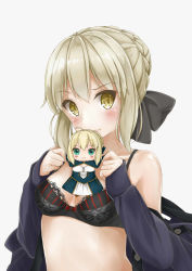 Rule 34 | 1girl, absurdres, artoria pendragon (all), artoria pendragon (fate), bare shoulders, black bra, black jacket, black ribbon, blonde hair, blush, bra, braid, breasts, commentary request, fate/grand order, fate (series), highres, holding, jacket, looking at viewer, medium breasts, mikujin (mikuzin24), off shoulder, open clothes, open jacket, ribbon, saber (fate), saber alter, simple background, smile, solo, underwear, white background, yellow eyes