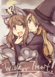 Rule 34 | 2girls, :d, animal costume, animal ears, animal hands, biting, blonde hair, brown hair, cat costume, cat ears, cat paws, ear biting, fang, gloves, halloween, hand on another&#039;s chin, hat, highres, hug, hug from behind, kyuri, long hair, low-tied long hair, multiple girls, open mouth, original, paw gloves, sketch, smile, trick or treat, witch, witch hat, yuri