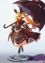 Rule 34 | 1girl, bat wings, black dress, black umbrella, blazblue, blonde hair, blunt bangs, bow, covered mouth, cross, dress, floating, floating hair, frilled dress, frills, hair ribbon, high collar, highres, long hair, nago, online neet, outstretched arm, rachel alucard, red bow, red eyes, ribbon, ripples, slit pupils, twintails, umbrella, vampire, wide sleeves, wings