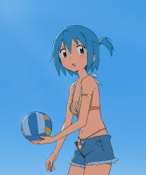 Rule 34 | 1girl, :o, arm at side, armlet, backlighting, ball, bare arms, bare shoulders, beach volleyball, bikini, bikini top only, bikini under clothes, blue background, blue eyes, blue hair, blue shorts, blue sky, blush stickers, breasts, cleavage, collarbone, cowboy shot, denim, denim shorts, dot nose, from side, gradient background, gradient sky, hair between eyes, hair tie, half updo, halterneck, highleg, highleg bikini, holding, holding ball, jewelry, kondoo, looking at viewer, looking to the side, mahou shoujo madoka magica, miki sayaka, miki sayaka (swimsuit costume), navel, open clothes, open fly, open mouth, open shorts, outdoors, short hair, shorts, simple background, sky, small breasts, solo, stomach, striped bikini, striped bikini top, striped clothes, swimsuit, tareme, unbuttoned, v-shaped eyebrows, volleyball, volleyball (object)