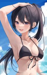 Rule 34 | 1girl, :d, absurdres, arm up, armpits, bad id, bad twitter id, bare arms, bare shoulders, bikini, black bikini, black hair, blue eyes, breasts, cloud, collarbone, day, earrings, front-tie bikini top, front-tie top, hair ornament, hairclip, halterneck, hand on own head, highres, jewelry, long hair, looking at viewer, medium breasts, myowa, navel, open mouth, original, outdoors, ponytail, smile, solo, string bikini, stud earrings, sunlight, swimsuit, upper body