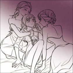 Rule 34 | 3girls, anna (frozen), bdsm, bed, blush, cuffs, dual persona, elsa (frozen), eye contact, fff threesome, frozen (disney), group sex, hair up, handcuffs, hooreng, hug, hug from behind, incest, looking at another, monochrome, multiple girls, sex, shimaidon (sex), siblings, sisters, sitting, threesome, yuri