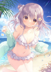 Rule 34 | 1girl, bare shoulders, barefoot, beach, bikini, blue sky, bow, breasts, brown eyes, brown hair, cloud, commentary request, day, drawstring, feet out of frame, flower, frilled bikini, frills, green jacket, hair between eyes, hair bow, hair flower, hair ornament, hand up, horizon, jacket, long hair, long sleeves, looking at viewer, navel, ocean, off shoulder, open clothes, open jacket, original, outdoors, palm tree, parted lips, sand, sky, sleeves past wrists, small breasts, smile, solo, standing, standing on one leg, starfish, swimsuit, tree, water, water drop, white bikini, white bow, white flower, yukie (peach candy)