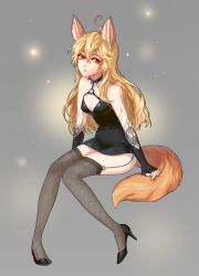 Rule 34 | 1girl, aged up, animal ears, artist request, bare shoulders, black dress, black thighhighs, blonde hair, breasts, collar, dog ears, dress, elbow gloves, elin, fishnet thighhighs, fishnets, garter straps, gloves, high heels, highres, knees together feet apart, long hair, open mouth, red eyes, shoes, short dress, small breasts, solo, tail, tera online, thighhighs